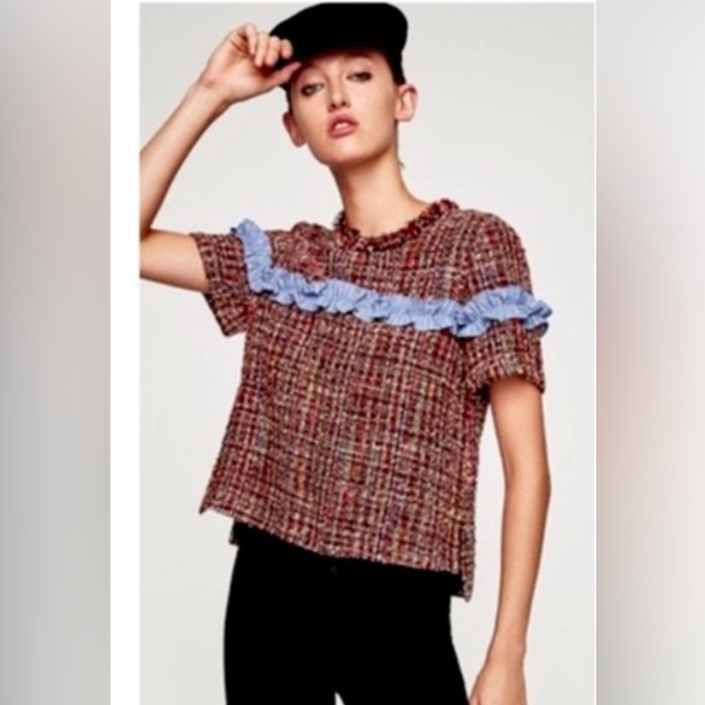 Zara Tweed top with blue contrast ruffle - S